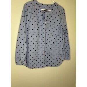 TALBOTS Woman Polka Dot Chambray Top Womens 1X Blue Black Long Sleeve Pullover